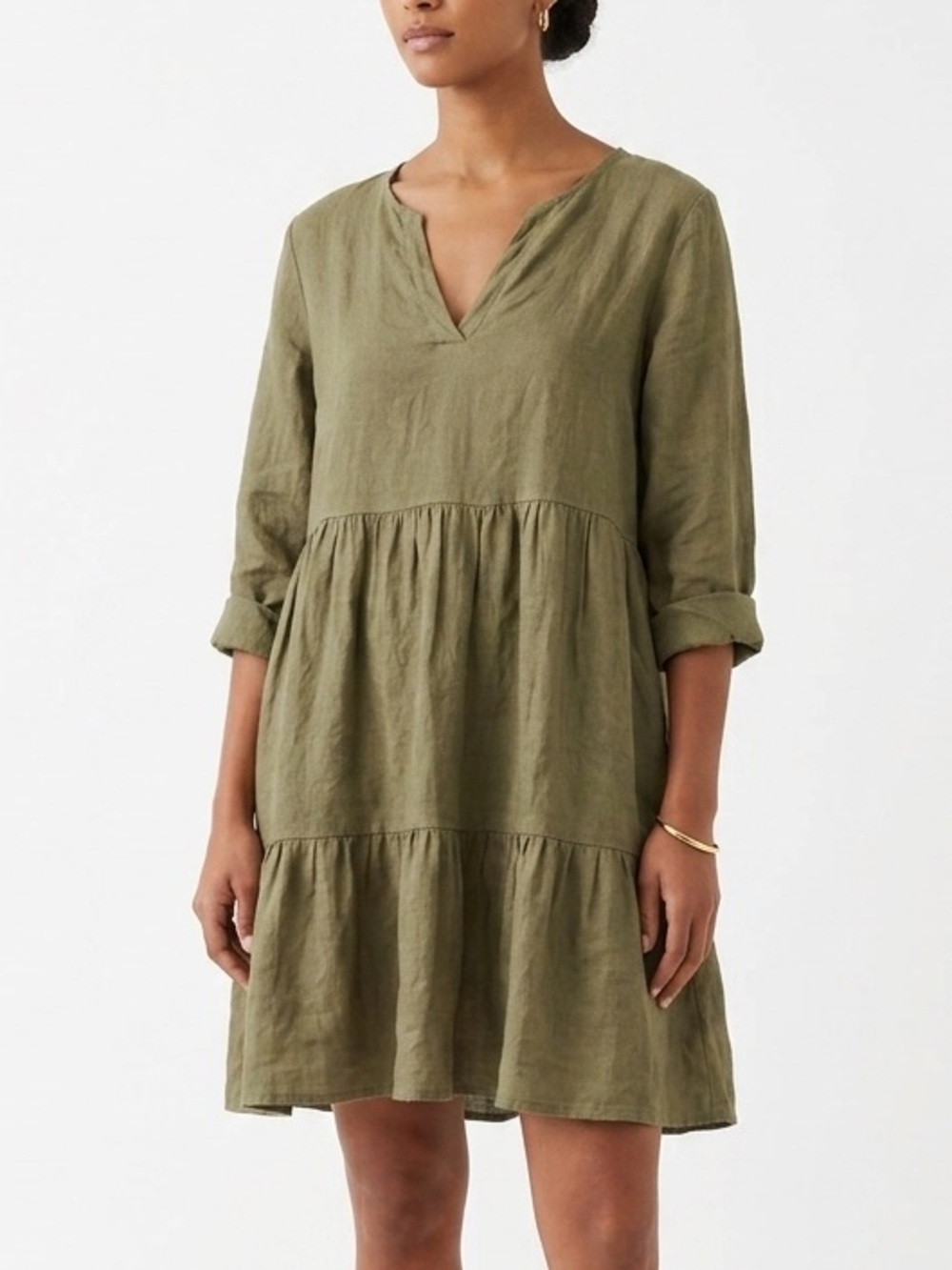 Bellambia Italy Linen Dress Size Small Long Sleeve Tiered Ruffle Green